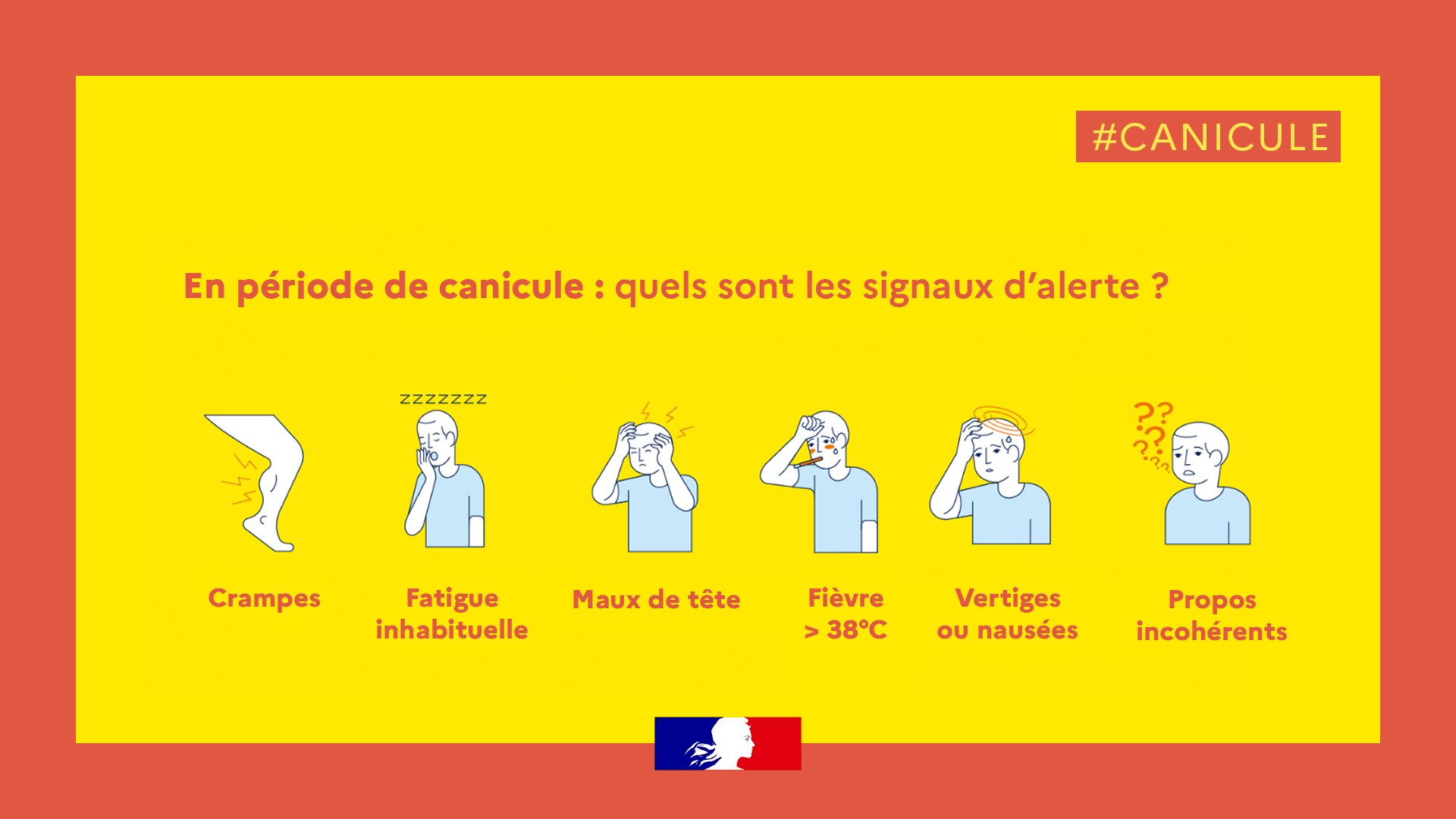 En période de canicule, soyez attentifs aux signaux d'alerte : crampes, fatigue inhabituelle, maux de tête, fièvre, vertiges ou nausées, propos incohérents.