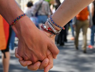 Deux personnes se tenant la main pendant la marche des fiertés 2023