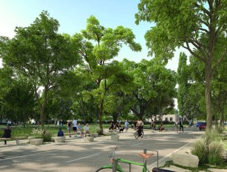 Vue de la placette végétalisée à l’entrée sud du parc